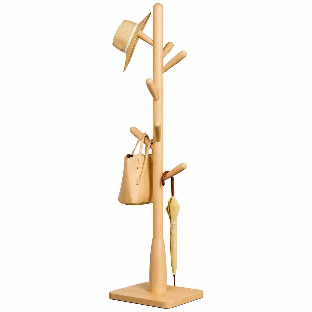 Natürliche Holzständer Garderobe mit 8 Haken, Höhenverstellbar, Ideal für Schlafzimmer und Flur