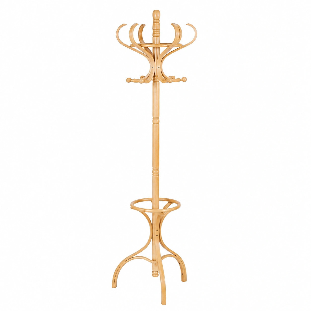 Robuster Kleiderständer aus Massivholz, 182 cm, mit 12 drehbaren Haken und integriertem Schirmständer, ideal für Mäntel, Hüte und Taschen im Flur und Schlafzimmer, natur