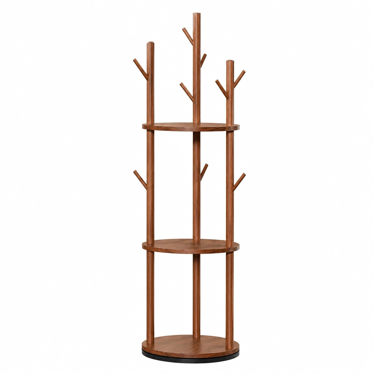 Massivholz Garderobenständer mit Drehelement, 9 Haken und 3 Ablagen, 170 cm Höhe, Baumdesign für Flur, Schlafzimmer und Büro, Mehrzweck, Nussbaum