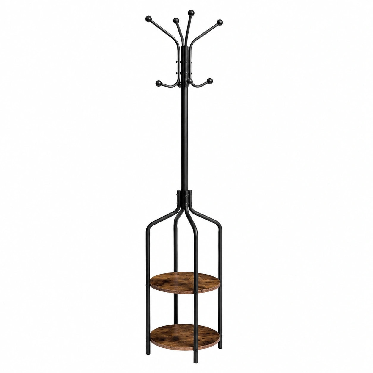 Industrie-Design Garderobenständer mit 8 Haken und 2 Ablagen, 183 cm Höhe, Stahlstruktur für Kleidung und Accessoires