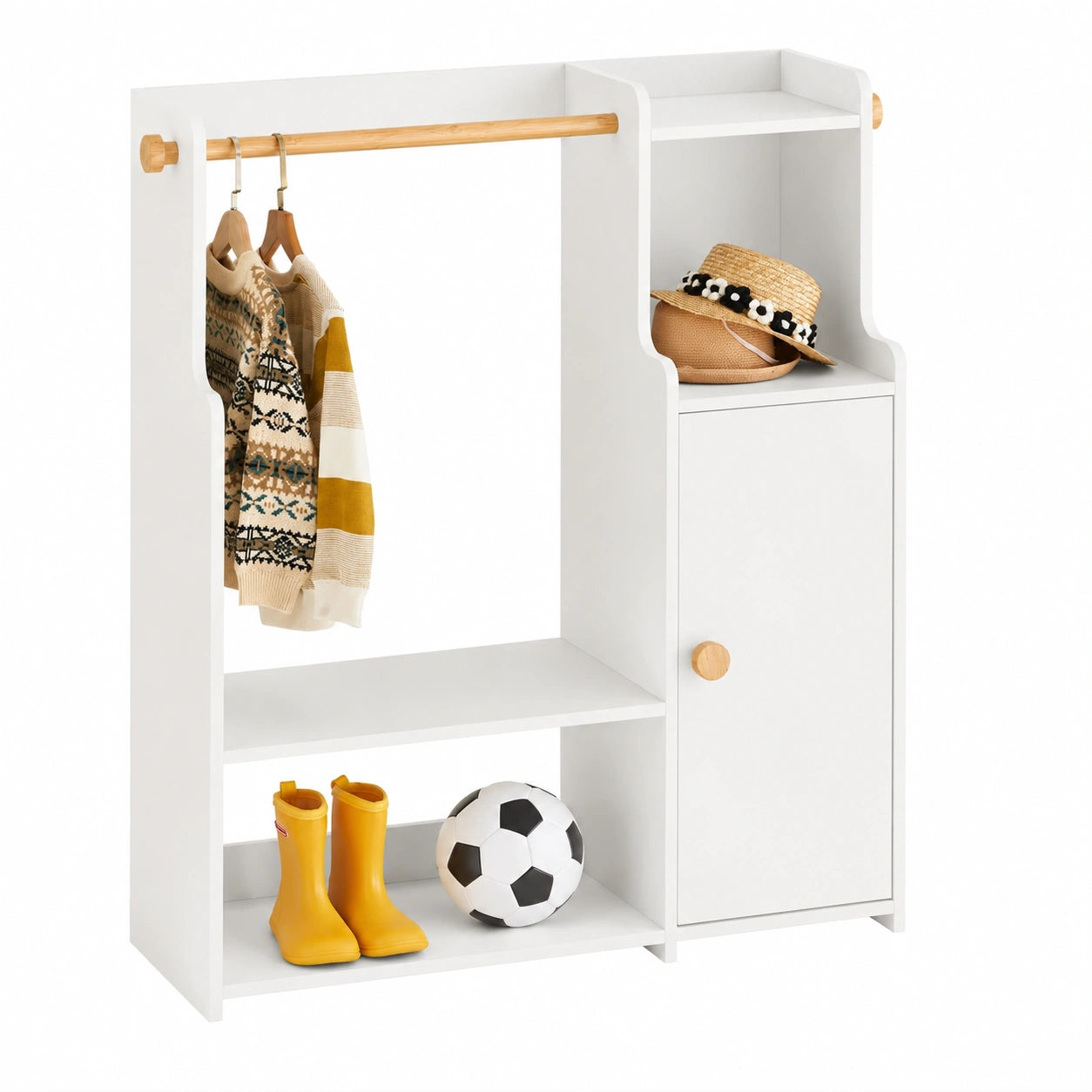 Kinderkleiderschrank Weiß mit Haken und Regal, 94x110x35cm
