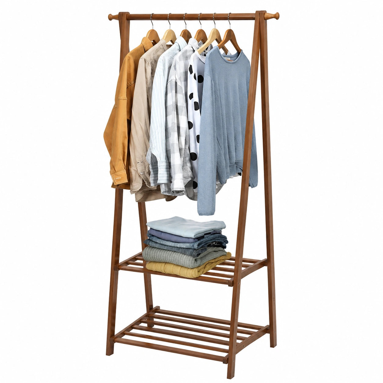Faltbarer Bambus-Kleiderständer mit Stange und Ablage, freistehend für Schlafzimmer, Umkleideräume und Flure, 66x40x160 cm, Braun