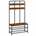 HOOBRO Flurgarderobe mit Sitzbank und Schuhablage, 12 bewegliche Haken, industrieller Kleiderständer, 35,5 x 100 x 182 cm, für Diele, Schlafzimmer, Wohnzimmer, Dunkelbraun-Schwarz