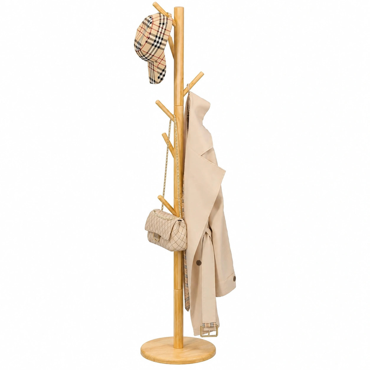 Holz-Garderobenständer mit 9 Haken und 4 Höhenverstellungen für Jacken, Hüte und Taschen, Naturholz