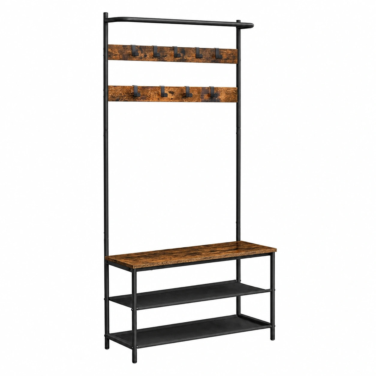 VASAGLE Industrie-Stil Garderobenständer mit Schuhbank und 9 Haken, 32,2 x 84 x 180 cm, vintagebraun-schwarz