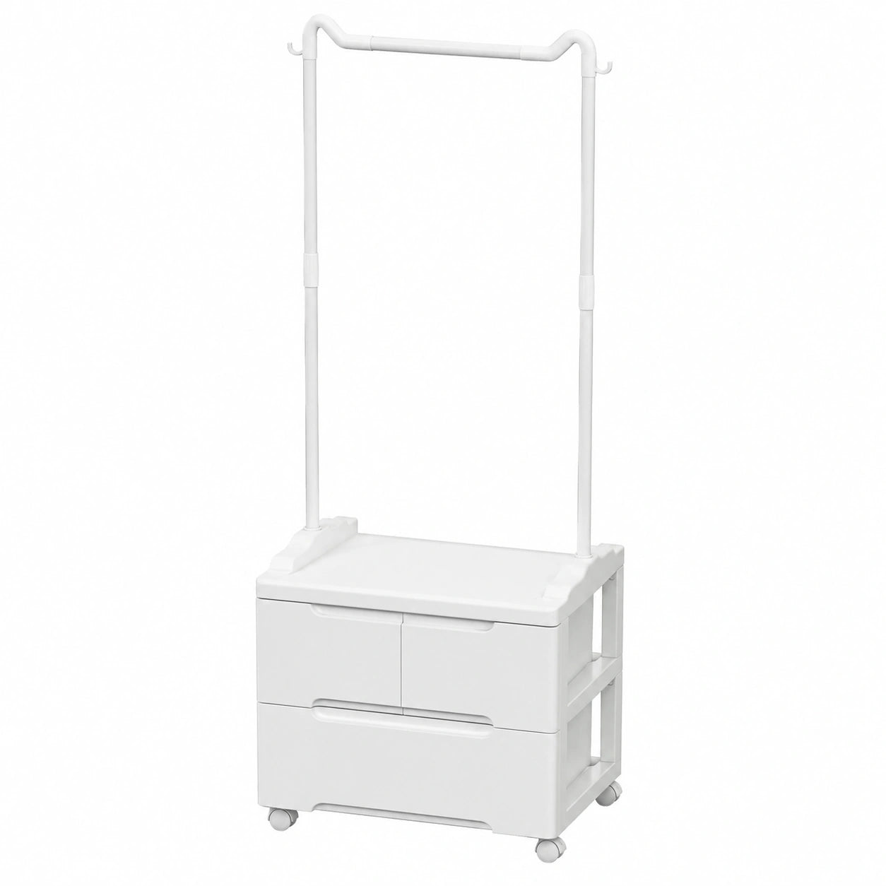 Robuster Kleiderständer mit 3 Schubladen und Rollen, Metall-Garderobe mit Kleiderstangen und Haken, schlanke Lösung für Flur, Wohnzimmer, Schlafzimmer, Weiß