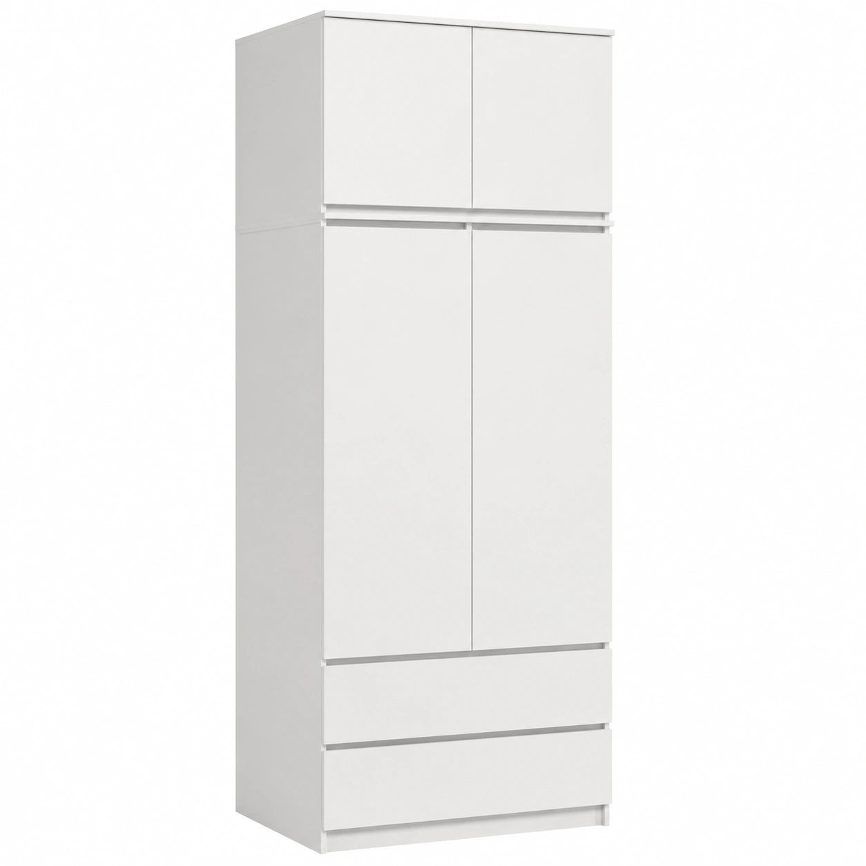 Moderner 4-türiger Kleiderschrank mit Schubladen und Einlegeböden, Weiß, 235x90x50,5 cm