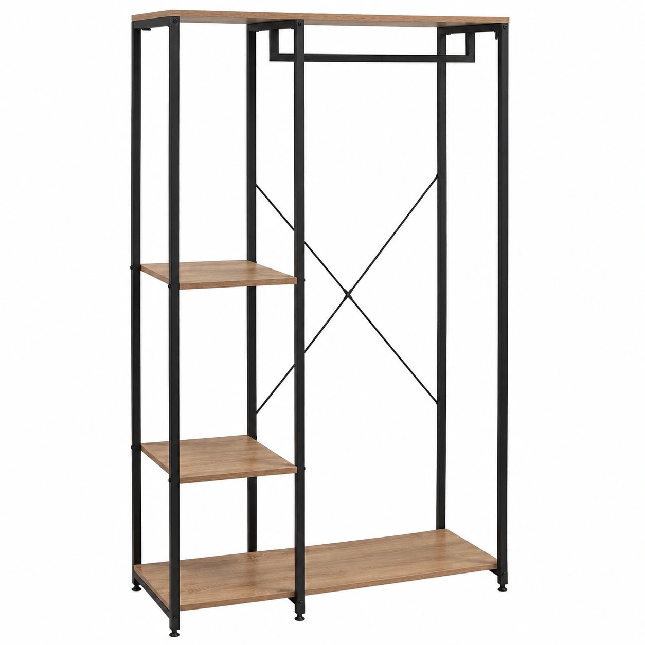 WOLTU Kleiderständer mit 4 Regalebenen, offenes Design aus Holz und Stahl für Schlafzimmer und Flur