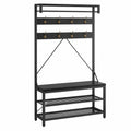 Schwarz Garderobe mit Sitzbank und Schuhablage – Freistehender Kleiderständer mit 2 Regalen und 8 Haken, 101x40x182cm