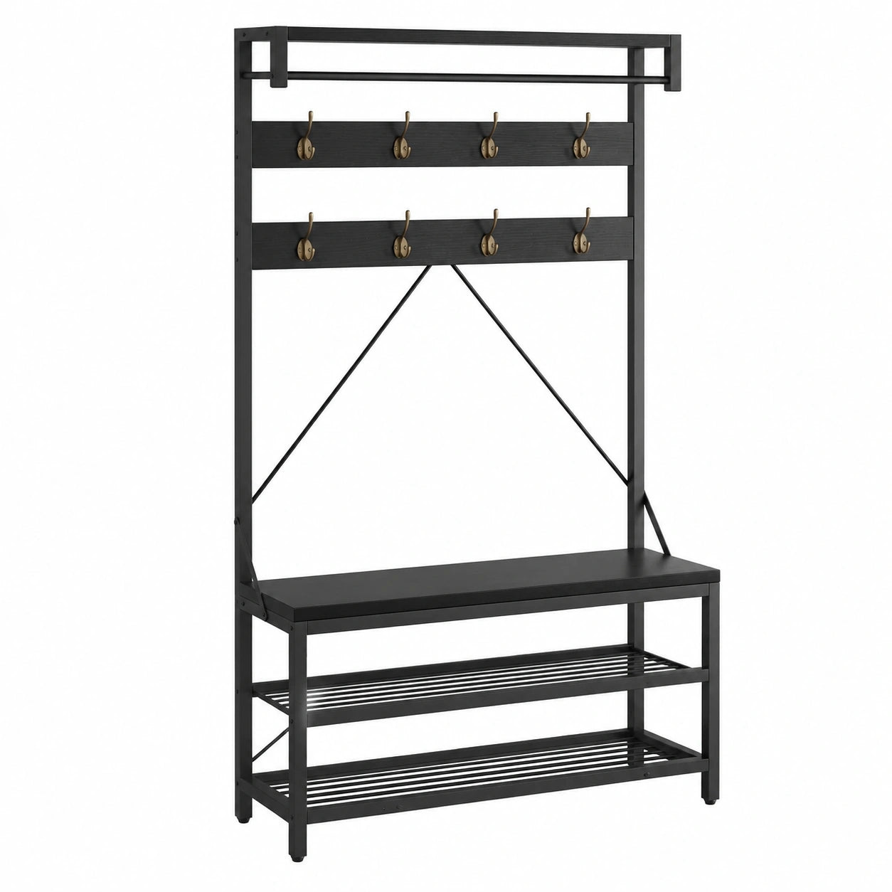 Schwarz Garderobe mit Sitzbank und Schuhablage – Freistehender Kleiderständer mit 2 Regalen und 8 Haken, 101x40x182cm