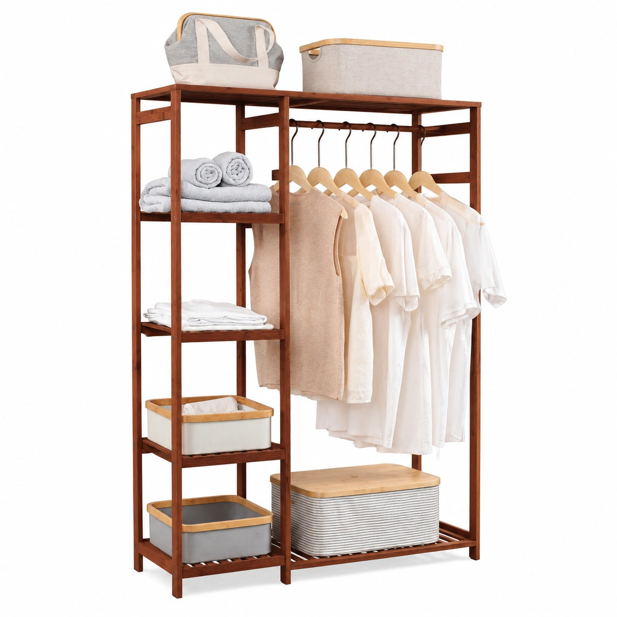Bambus Kleiderständer mit 6 Ablagen, Freistehende Garderobe in Braun, 145x90x30 cm