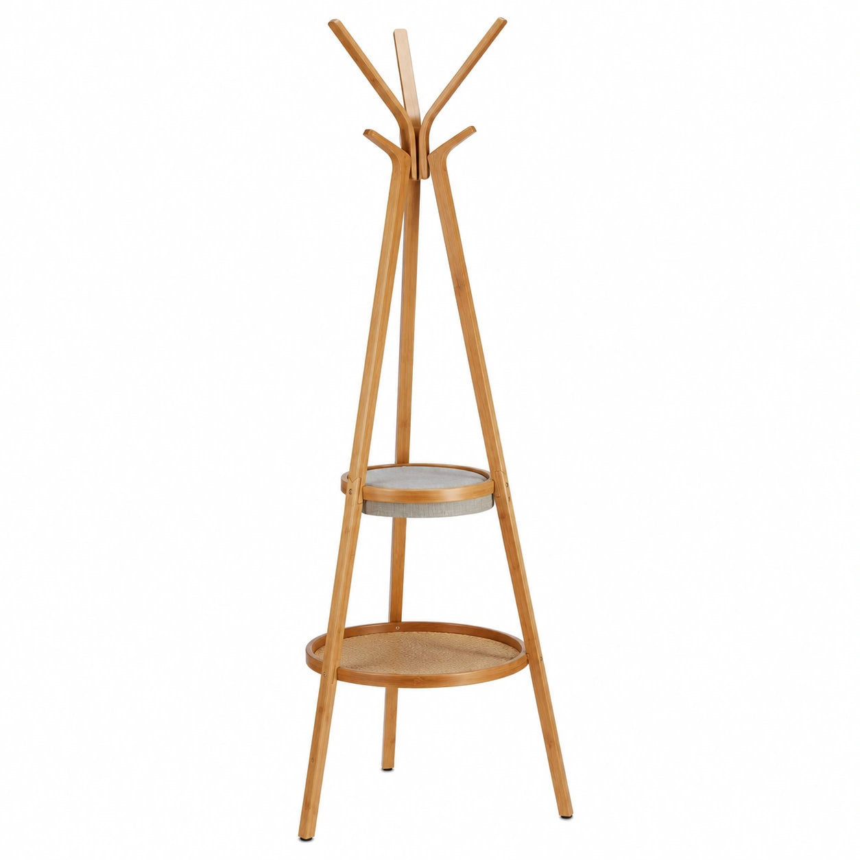 Bambus Garderobe mit Ablage und 6 Haken, dreifacher Kleiderständer, Natur, 171x50x50cm