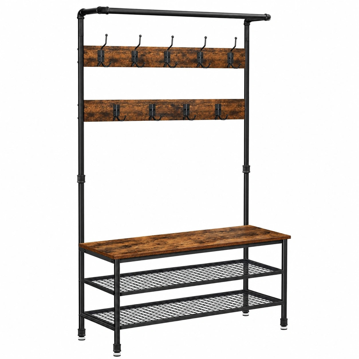 VASAGLE Garderobenständer mit Sitzbank, 9 Haken und Schuhregal, vintagebraun-schwarz, 41,5 x 100 x 182 cm, ideal für Flur und Schlafzimmer