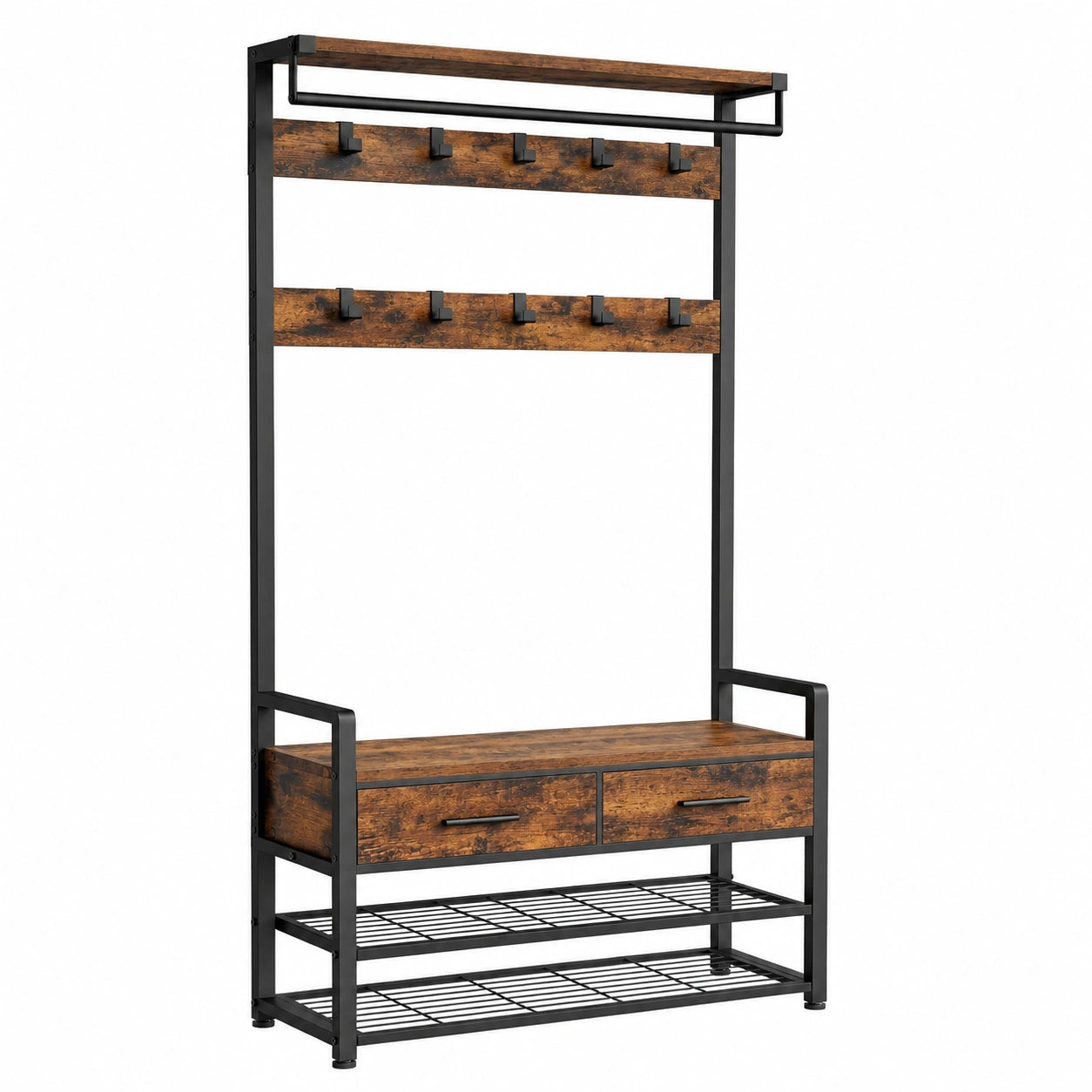 VASAGLE Flurständer mit Schuhablage, Garderobenregal, Stoffschubladen und Haken, vintagebraun-schwarz