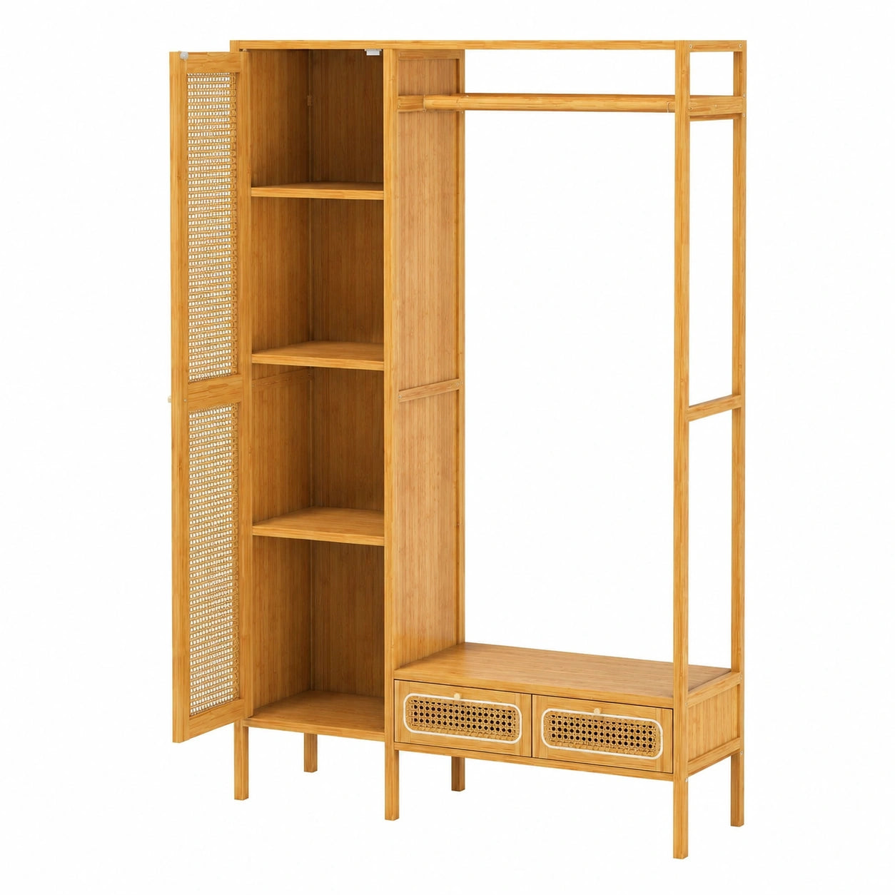 4-in-1 Garderobenständer aus Bambus mit Kleiderstange, Ablage und Schubladen, großer Kleiderschrank für Flur und Schlafzimmer, 102x33x160cm, Natur