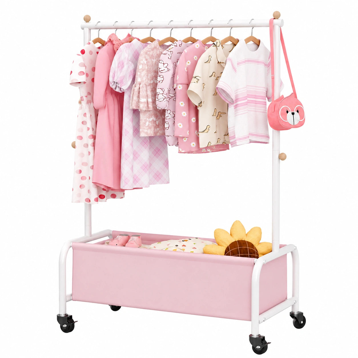 Kinder Kleiderständer mit Rollen und Aufbewahrung, rosa Garderobe für Kinderzimmer