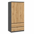 Moderner Kleiderschrank mit 2 Türen, 2 Schubladen und Kleiderstange, Mehrzweck-Garderobe in Grafit/Eiche Wotan, 180x90x50,5cm