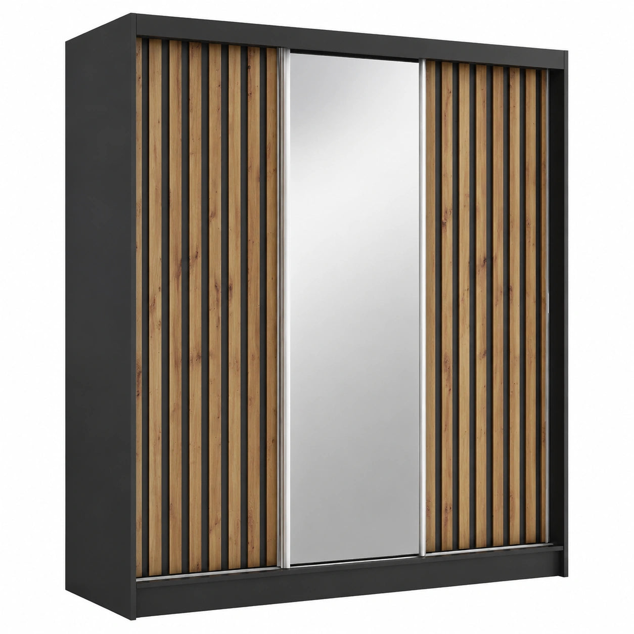 Moderner Schwebetürenschrank Erika mit Spiegel und Lamellen, 180 cm, schwarz/braun