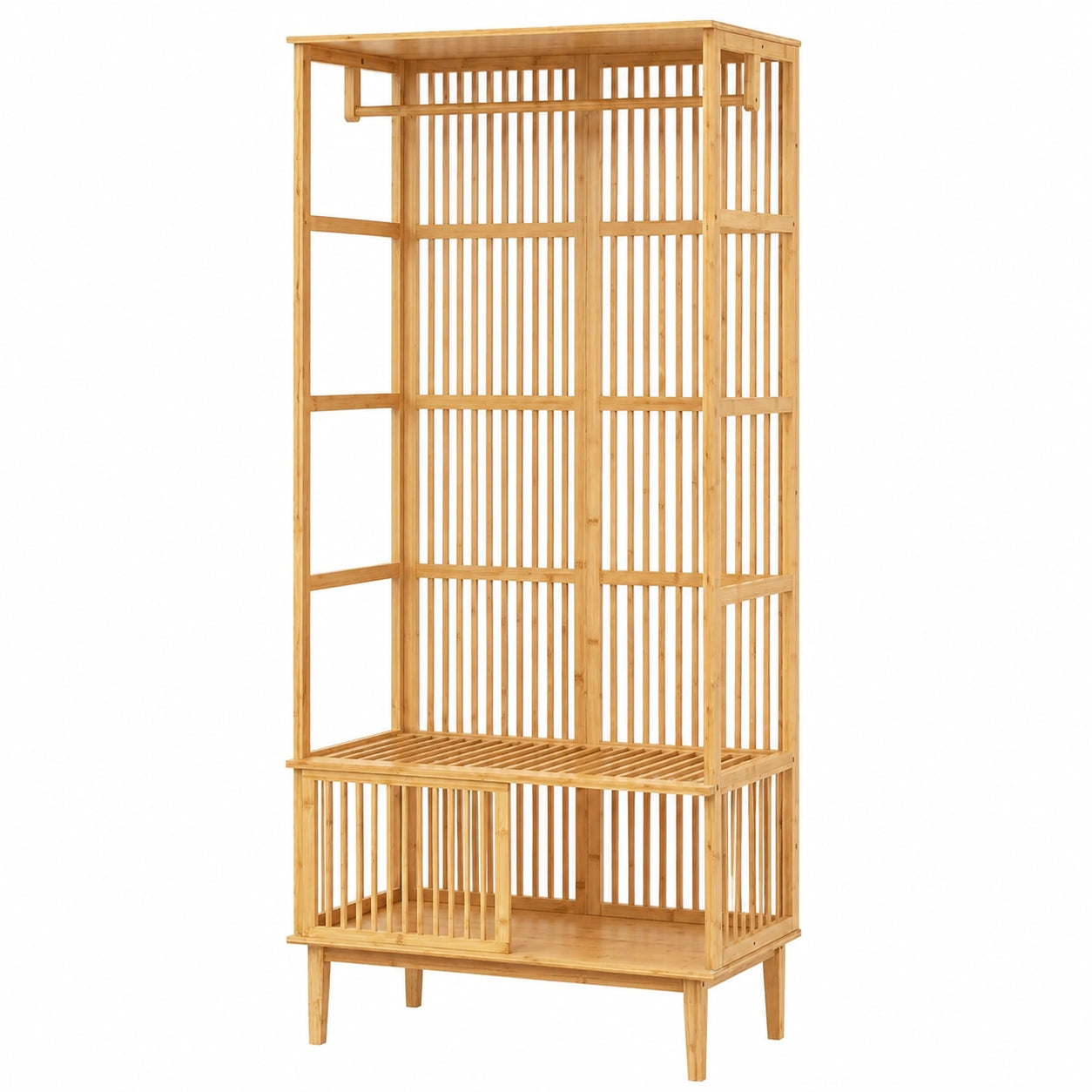 Bambus-Garderobenständer Vemb mit Ablagefach und Kleiderstange 185x80x45cm