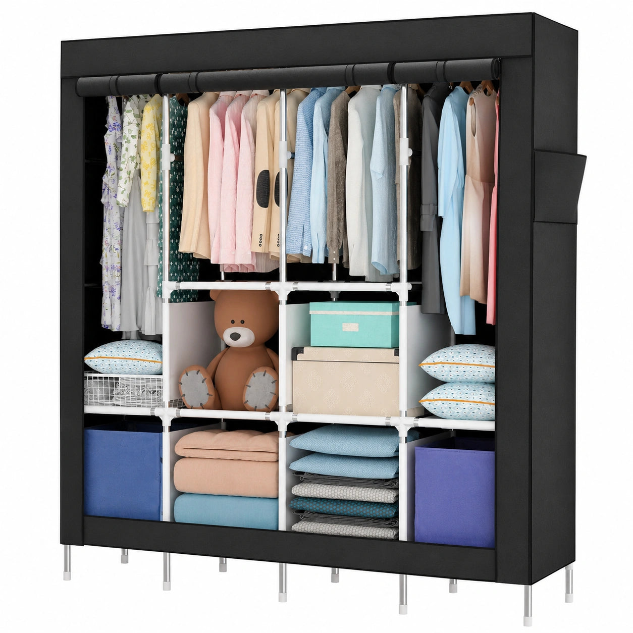 Mihoho Metall-Kleiderstange mit Oxford-Bezug, tragbarer Schrank in Schwarz, 165x170x45 cm